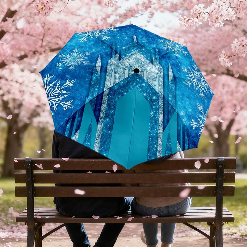 1pc Frozen Castle Snowflakes Automatic Folding Umbrella, Heavy Duty 8 Rib Iron Frame,  Suitable for Travel, Daily Use, Birthday, Decor Gift M0104006