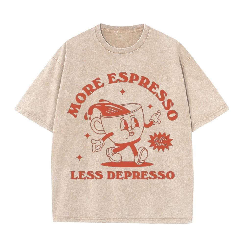 2026 More Espresso Less Depresso Vintage Cartoon Coffee Cup Graphic Beige Washed T Shirt Funny Coffee Lover Casual Oversized Uni