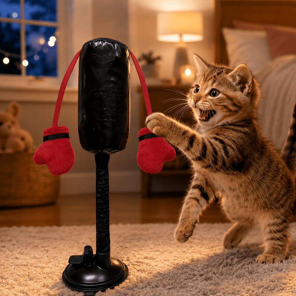 Suction Cup Cat Punching Bag Toy with 2pcs Boxing Gloves, Spring-Loaded Interactive Self-Play Cat Toy, Suitable for Indoor Cats and Kittens