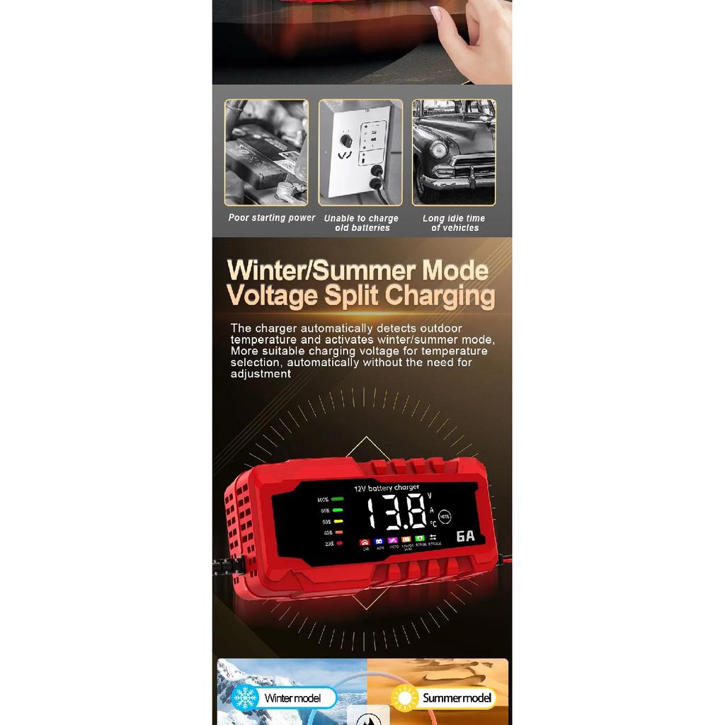 Color Screen Car Battery Charger 6A 12V Car and Motorcycle Battery Charging Device Lead-acid Battery Smart Repair
