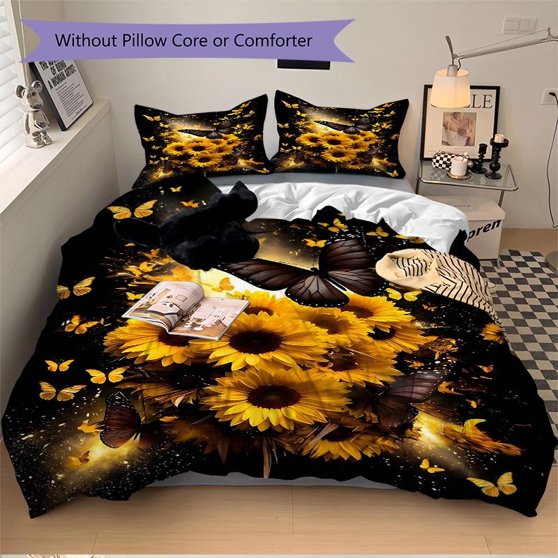 Butterflies Sunflowers Print 3Pcs Bedding Setduvet Cover With 2 Bedropillowcase Home Birthday Gift