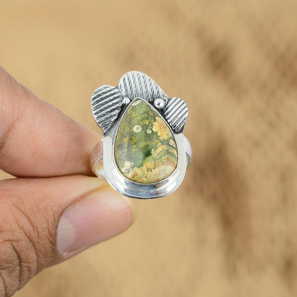 Natural Rainforest Jasper 925 Silver Multi Stone Adjustable Ring For Women