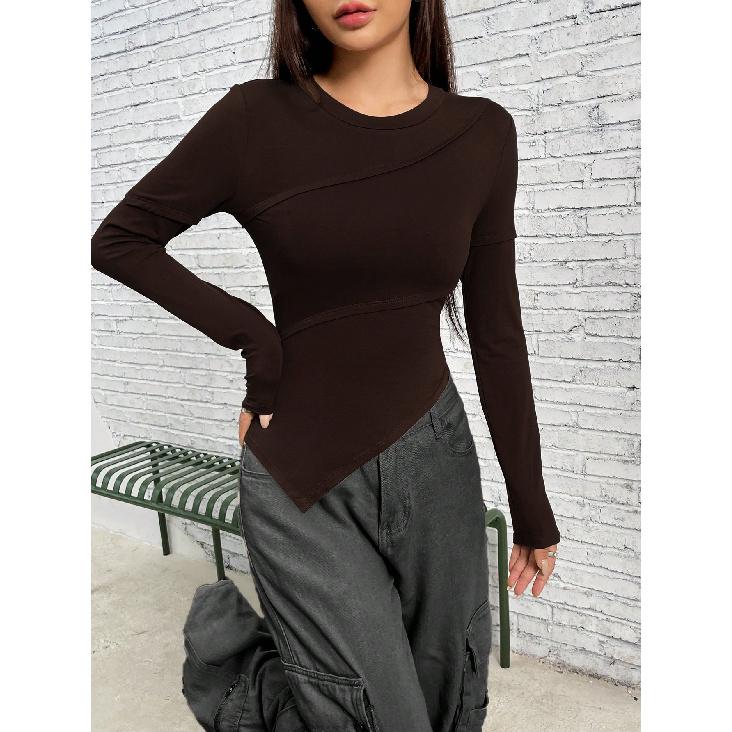 Women'S Slim Fit Long Sleeved T-Shirt, Asymmetrical Round Neck Solid Color Knit Top