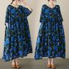 Blue Floral Cotton Linen Plus Size A-Line Dress - Summer 2023, Short Sleeve, Loose Fit