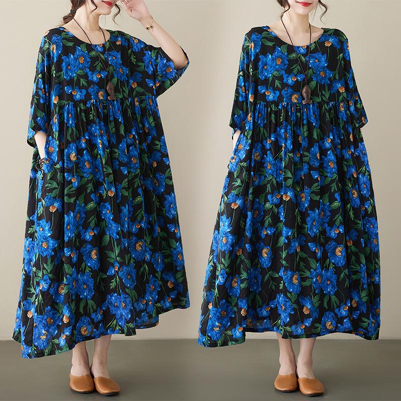 Blue Floral Cotton Linen Plus Size A-Line Dress - Summer 2023, Short Sleeve, Loose Fit
