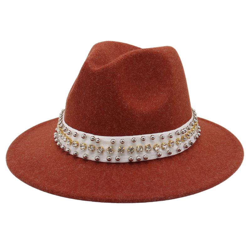 Fedora Wool Jazz Hat Elastic Band Diamond Accessories Large Brim Felt Hat Elegant Top Hat