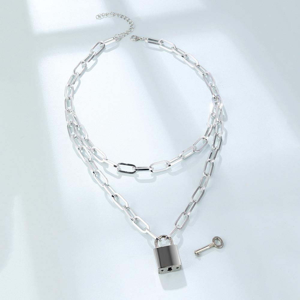 Stylowy Naszyjnik Warstwowy z Zamkiem i Kluczem Elegancka Biżuteria Statement ze Stopu Prezent dla Kobiet