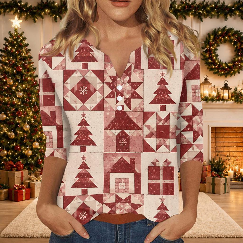 Women's Casual Christmas Print V-Neck 3/4 Sleeve T-Shirt Top with Decorative Buttons