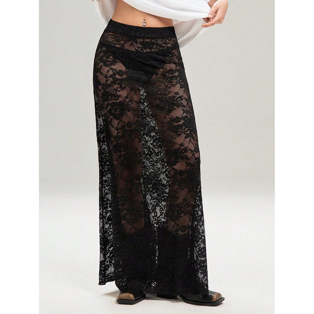Women's Sexy Sheer Mesh Lace Maxi Skirt Y2k See Through Flowy Long Skirt