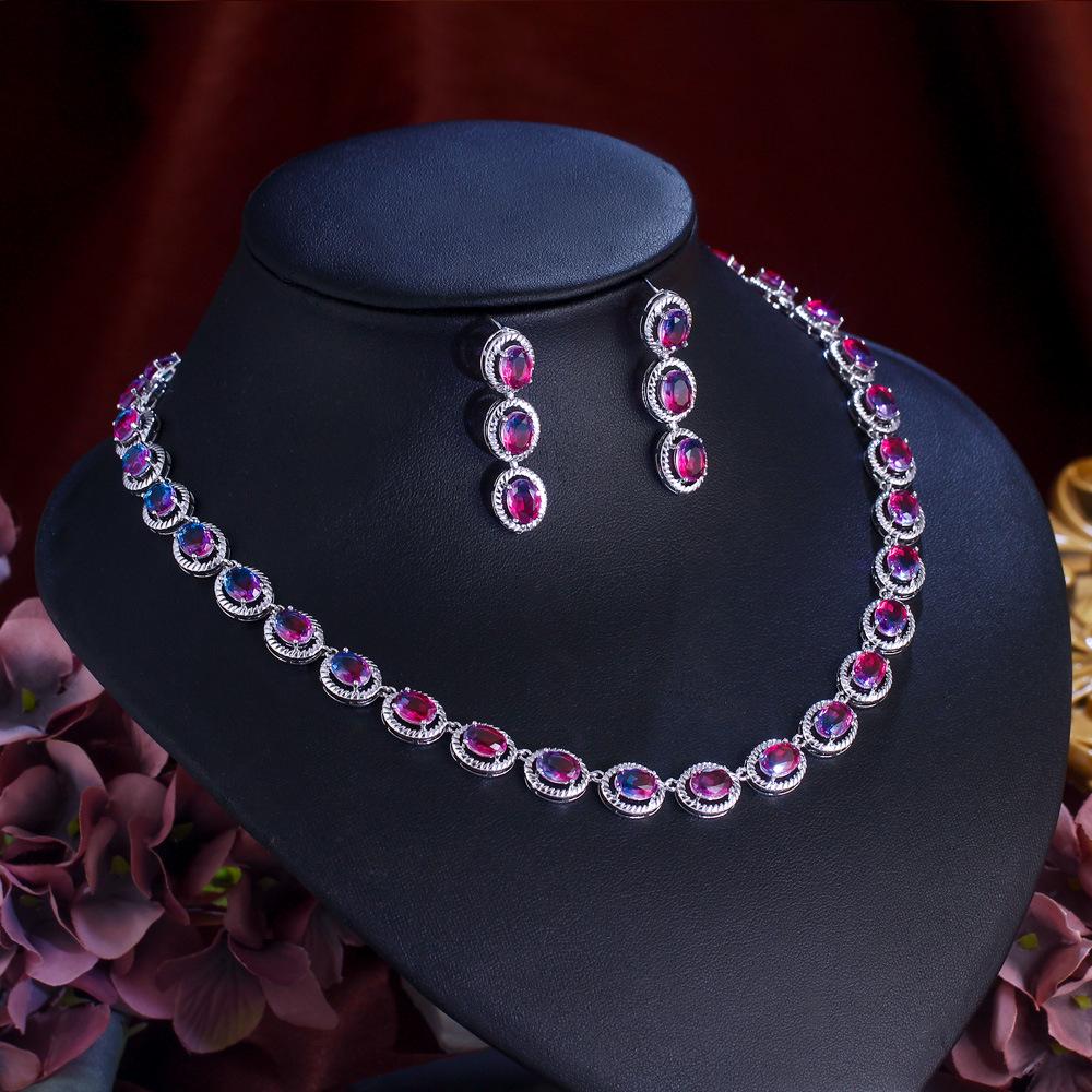 Jewelry Watermelon Tourmaline Wedding Dress Temperament Set Chain Gradual Change Color Stone Earrings Necklace Two Sets