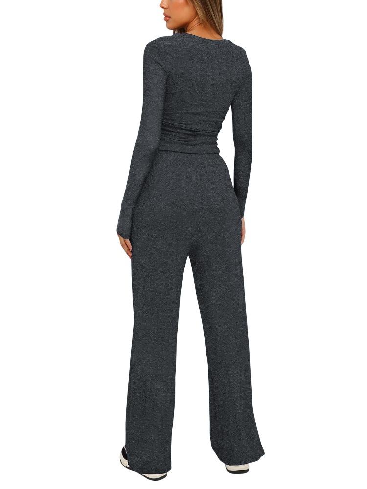 Solid Color Casual Long Sleeve Set Top High Waisted Wide Leg Pants Sportswear