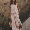 Ladies Elegant French Sleeveless Dress High Slit Round Neck Flared Hem Casual Semi Formal Outfit Simple Fashionable Style