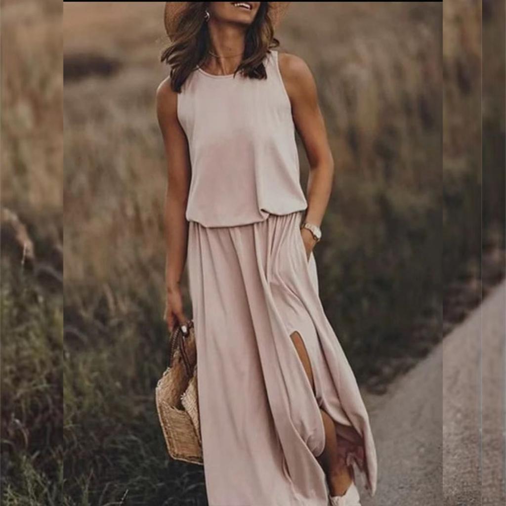 Ladies Elegant French Sleeveless Dress High Slit Round Neck Flared Hem Casual Semi Formal Outfit Simple Fashionable Style