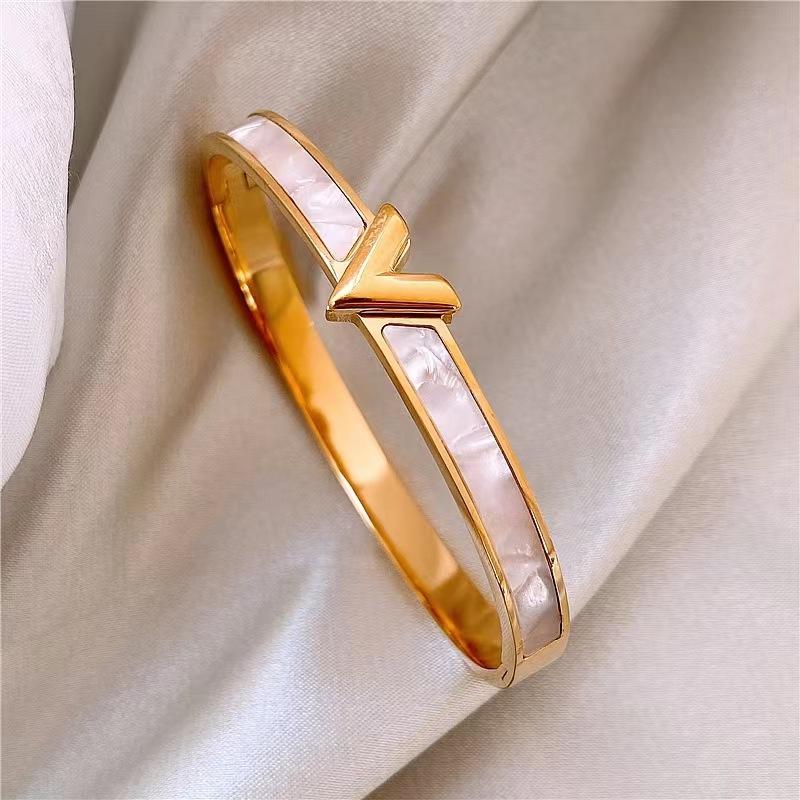 316L Stainless Steel Letter V Bangles&bracelets for Women Fashion Brand Jewelry Multicolor Hollow Crystal Bangles Accessories