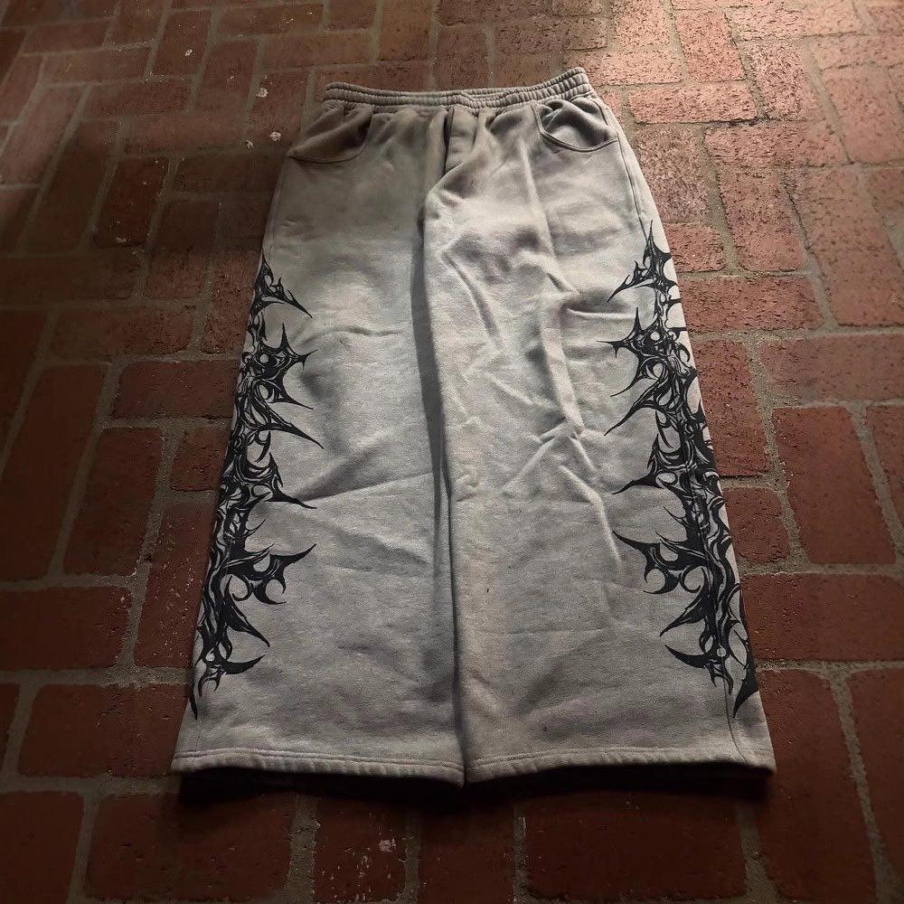 RogueWave Y2k Retro Casual Pants Harajuku Gothic Graphic Print Loose Elastic Waist Cotton Straight Trousers Men Women Hip Hop Street Wear