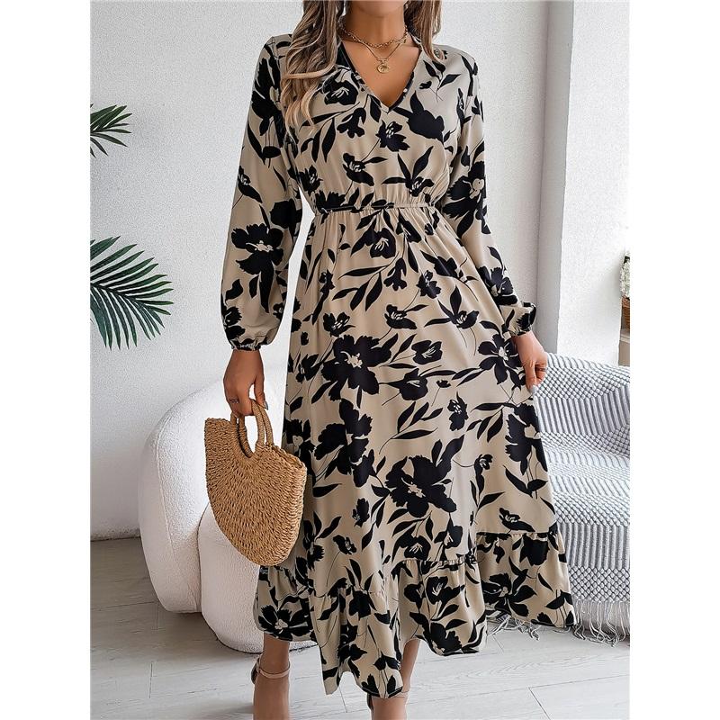 Women's V Neck Long Sleeve Floral Print Maxi Dress Casual Boho Flowy Dresses