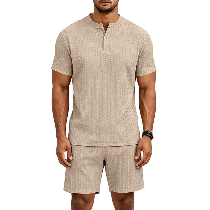 Summer Retro Men's Loose Knit Henley Shirt & Shorts Set