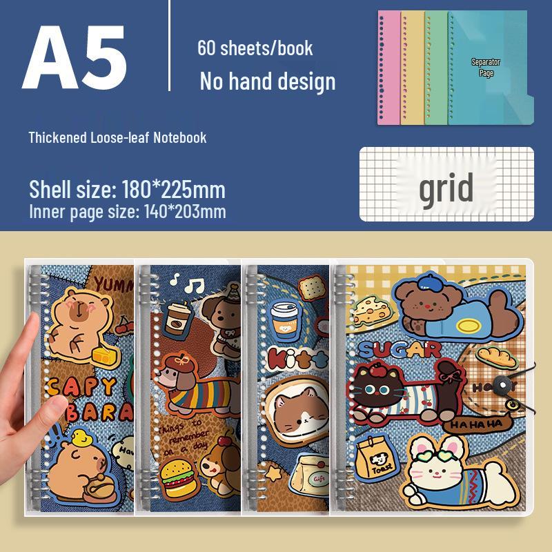 High-Value Denim Loose-Leaf Notebook, B5/A5 Detachable Iron Ring, Cartoon Design for Students