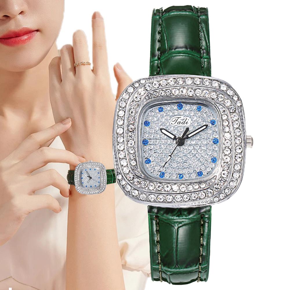 Women's New Luxury Full Star Diamonds Square Quartz Watch Business Women's Green Leather Casual Dress Clock Wristwatch