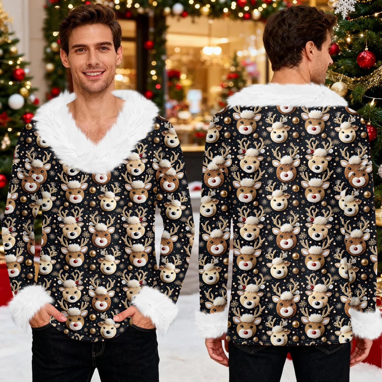 

Мужское худи с рождественским принтом и флисовой подкладкой | Праздничный свитшот с отделкой из искусственного меха и карманом | Праздничный пуловер большого размера свободного кроя XL