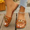 Fashion Women's Metal Chain Decor Flat Slippers Fashion Square Toe Non Slip Beach Slides Sandals Woman Summer Comfort Outdoor Slippers