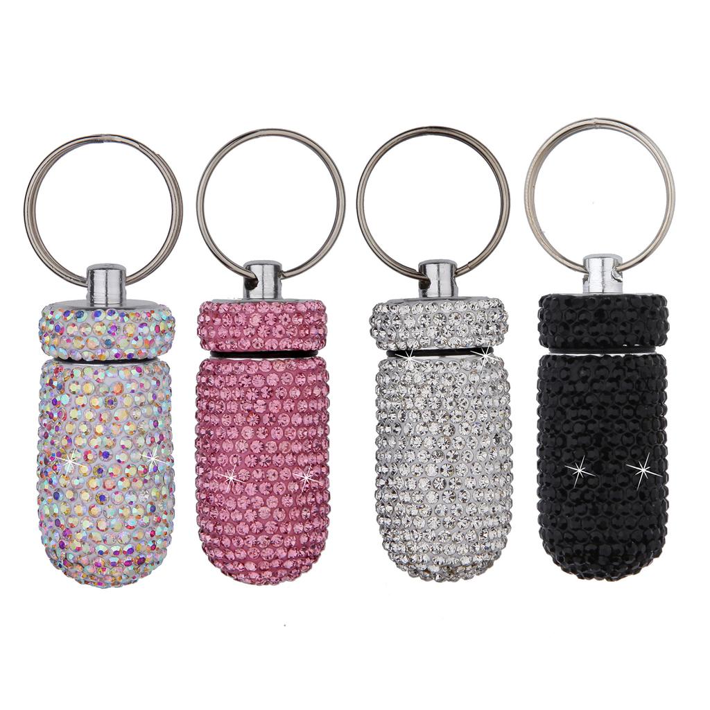 Portable Diamond Pill Case Keychain Glitter Rhinestone Travel Pill Box Metal Tablet Holder for Outdoor Activities