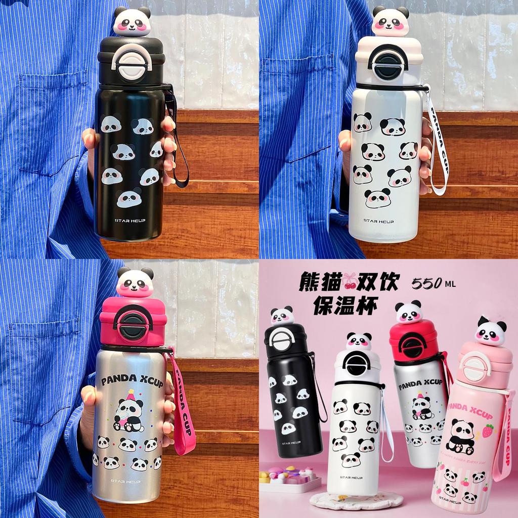 Panda Kids Portable Stainless Steel Thermos With Reusable Straws For School And Outdoors