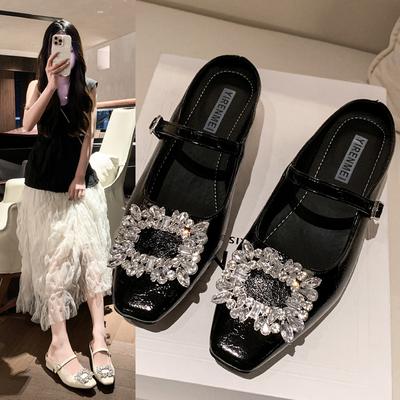 Mode Chaussures à Talons Plats Élégantes et Confortables Très Vendues pour Femmes Style Talon Moyen Printemps Automne Nouveau Bout Carré Tête Strass
