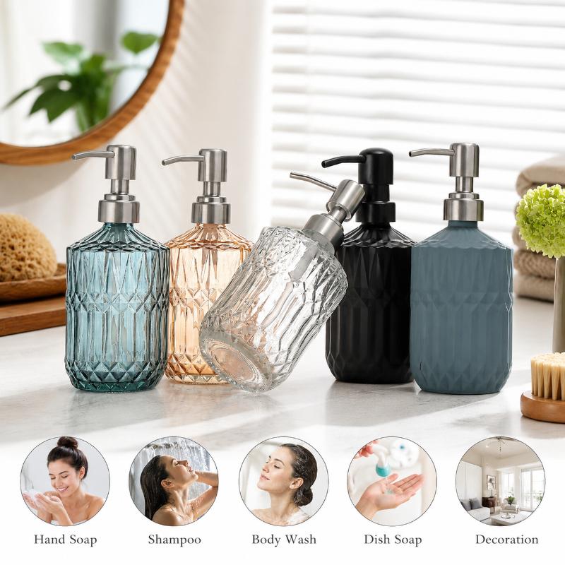 Dispensador de jabón de manos de vidrio con textura de diamante y bomba a prueba de óxido para baño, encimera de cocina
