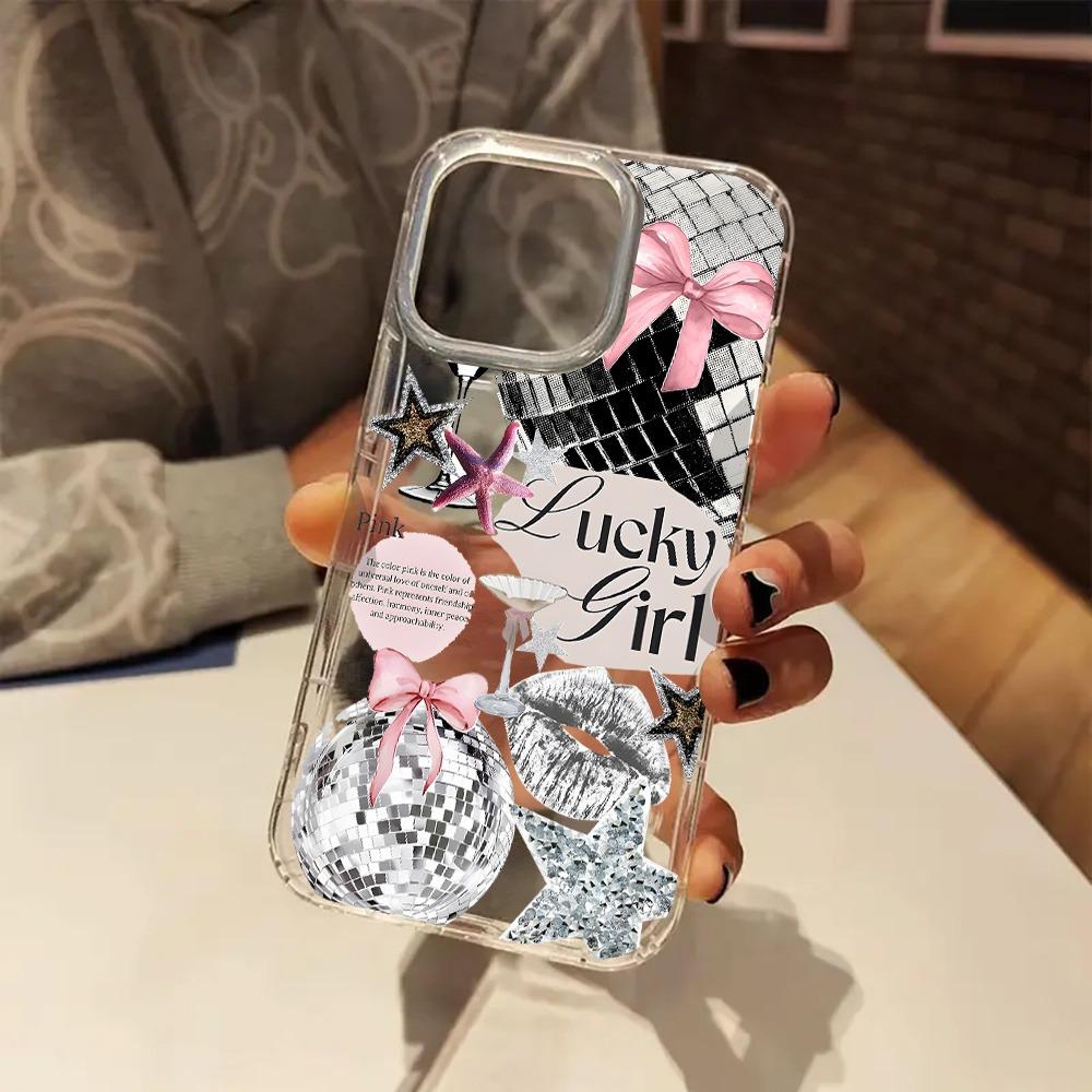 

Модный розовый бант Диско-шар Счастливая девушка Эстетика Прозрачный чехол для телефона для iPhone 17 16 11 14 15 Pro Max Plus XR XS X 7 8 iPhone SE (2020)