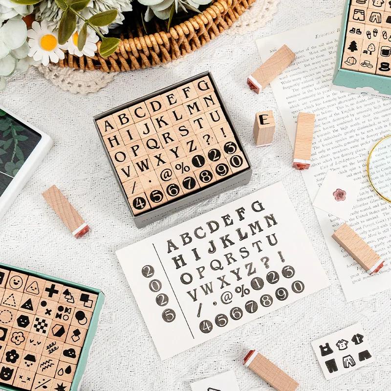 42Pcs Wooden Seals Assorted Stamp Numbers, Letters Geometric Figures, Small Expressions, Happy Party Series Handbook Seals