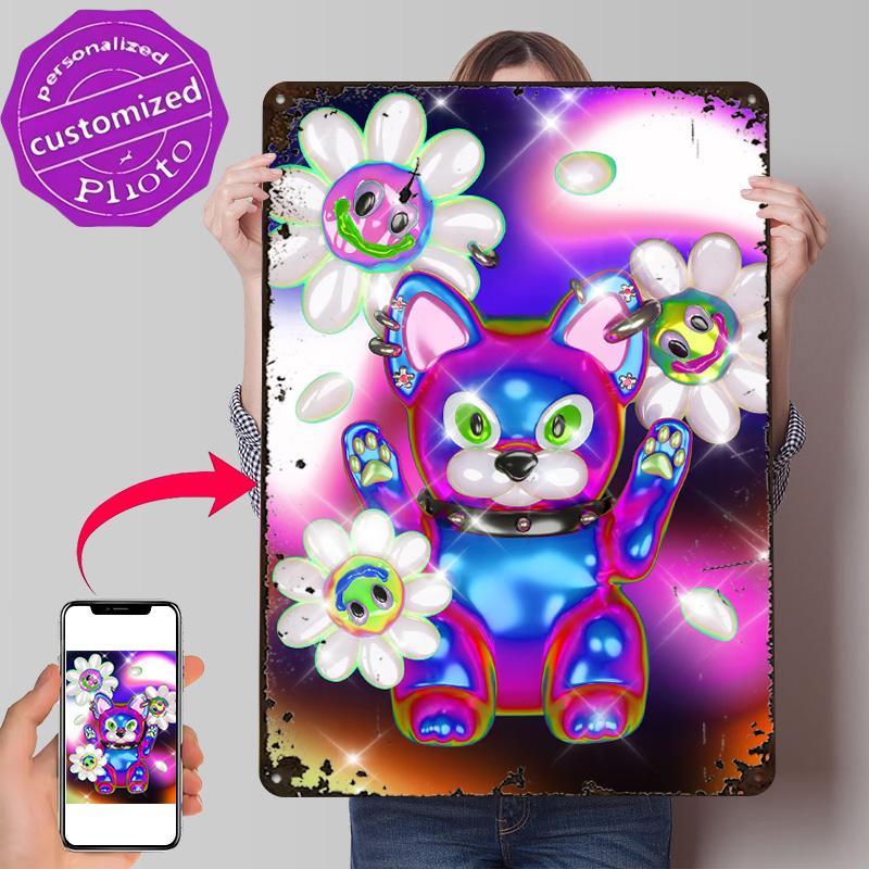 Psychedelic Lucky Cat D Texture Printed Poster Custom Vintage Metal Tin Plate Sign for Wall Art Decoration Home Decor Items