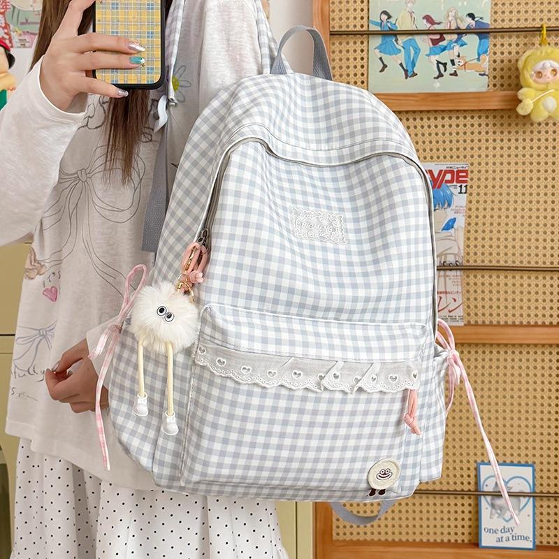 Schoolbag Korean fresh plaid corrugated backpack girl heart lace small schoolbag girls junior high school students female commuter bag