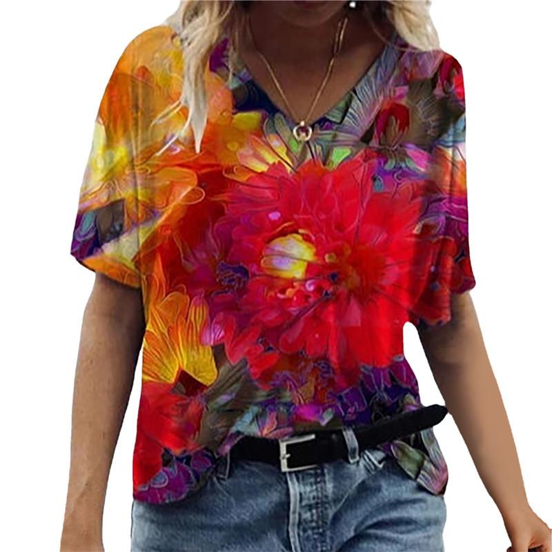 Oversized New 2025 Summer Women 3D Print Casual Street Hipster V-Neck Short Sleeve Clothing Loose