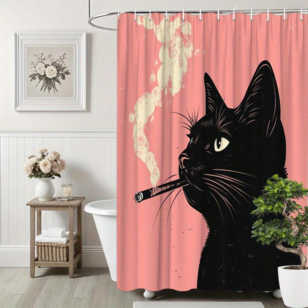 Black Cat Shower Curtain Vintage Pink Polyester for Bathroom Decor with Hooks