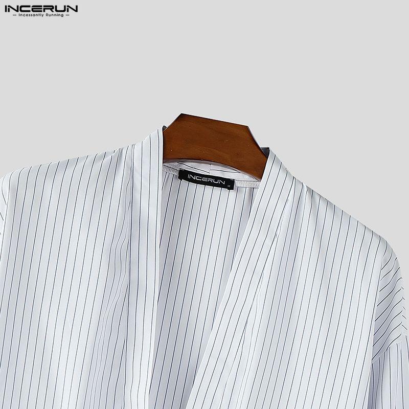 INCERUN S-5XL Men Long Sleeve Striped Open Front Cardigan Kimono Tops