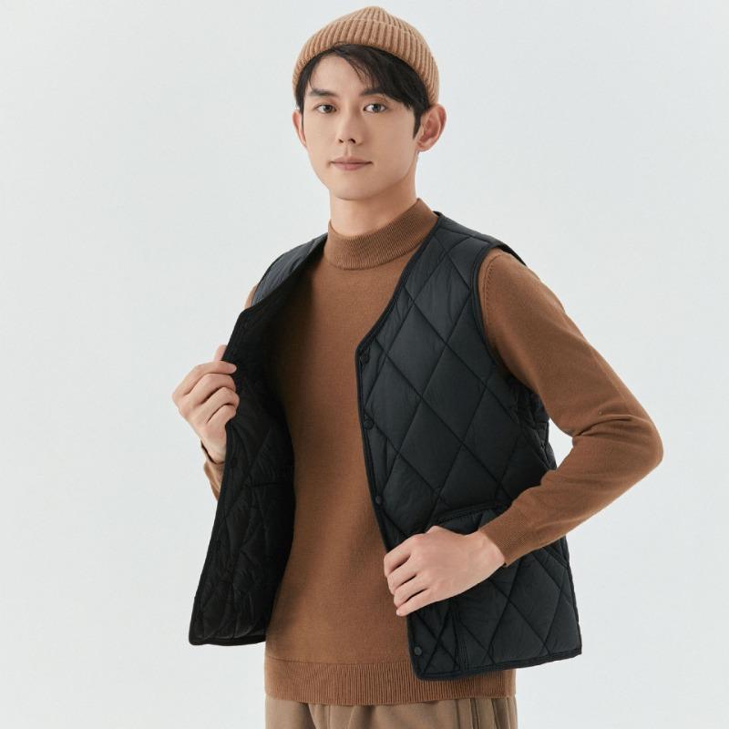 Men's Autumn and Winter Velvet Warm Medium and Green Vest Liner Pocket Men's Rhombus Short Snap Vest