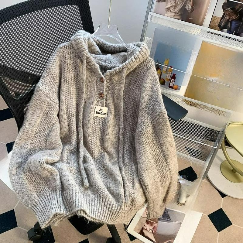 Šedý svetr s kapucí Svetr Dámský styl Podzimní a zimní bunda Svetr Top s dlouhým rukávem