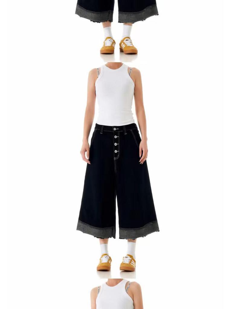 American Retro Patchwork Raw Edge Wide-Leg Culottes for Women