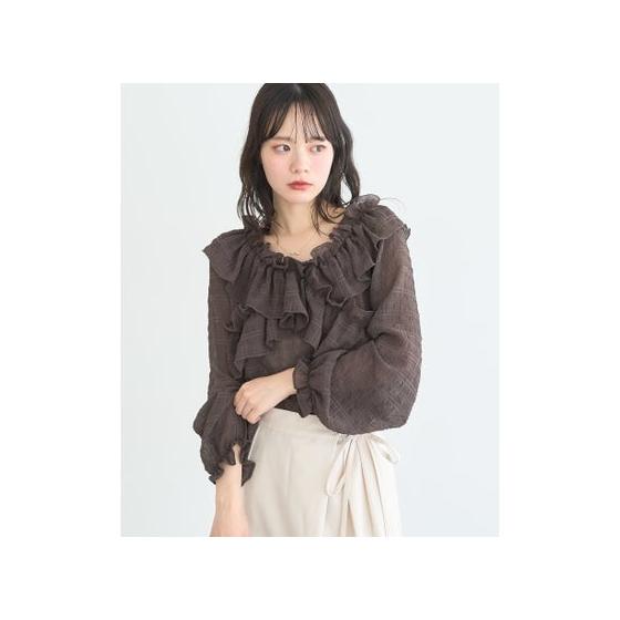 earth music & ecology sheer check 2way off shoulder blouse (brown)