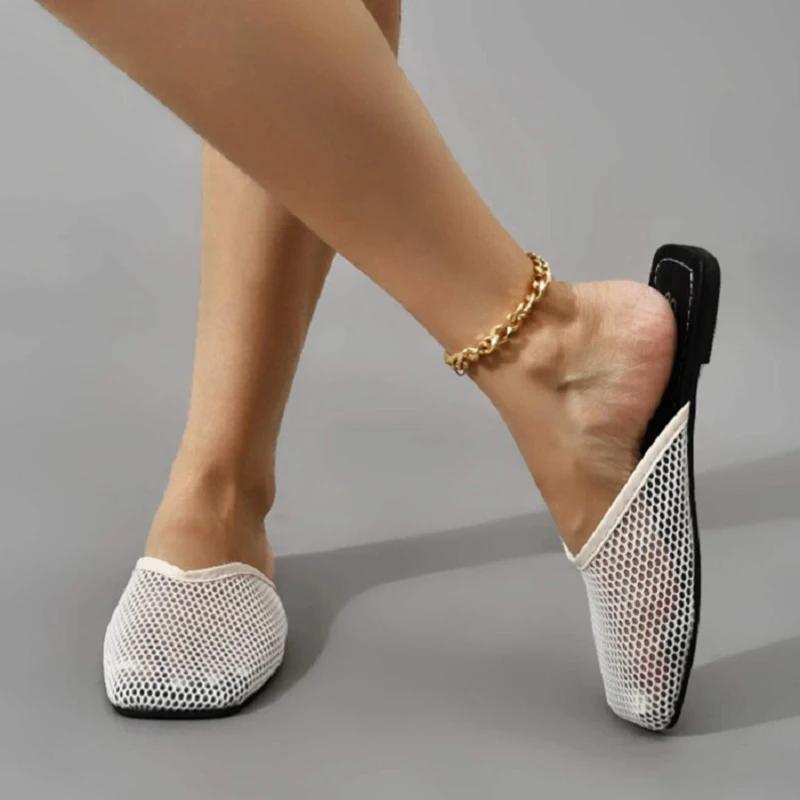 Women's Slippers New Fashion Mesh Flat Bottom Square Toe Flip Flops Hollow Casual Simple Sandals Ladies Plus Size Chinelo Nuvem
