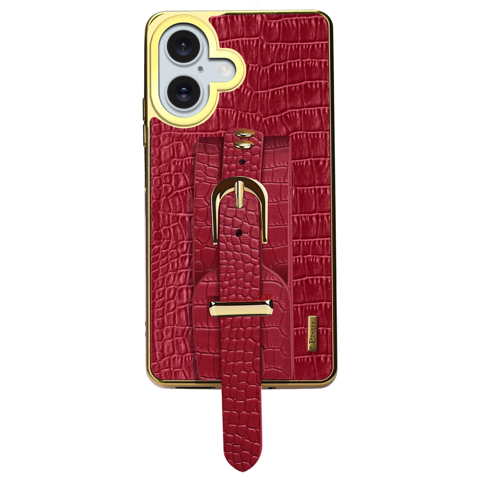 

For iPhone 16 Plus Case Crocodile Texture PU Leather+TPU Electroplating Phone Cover Wristband Kickstand E