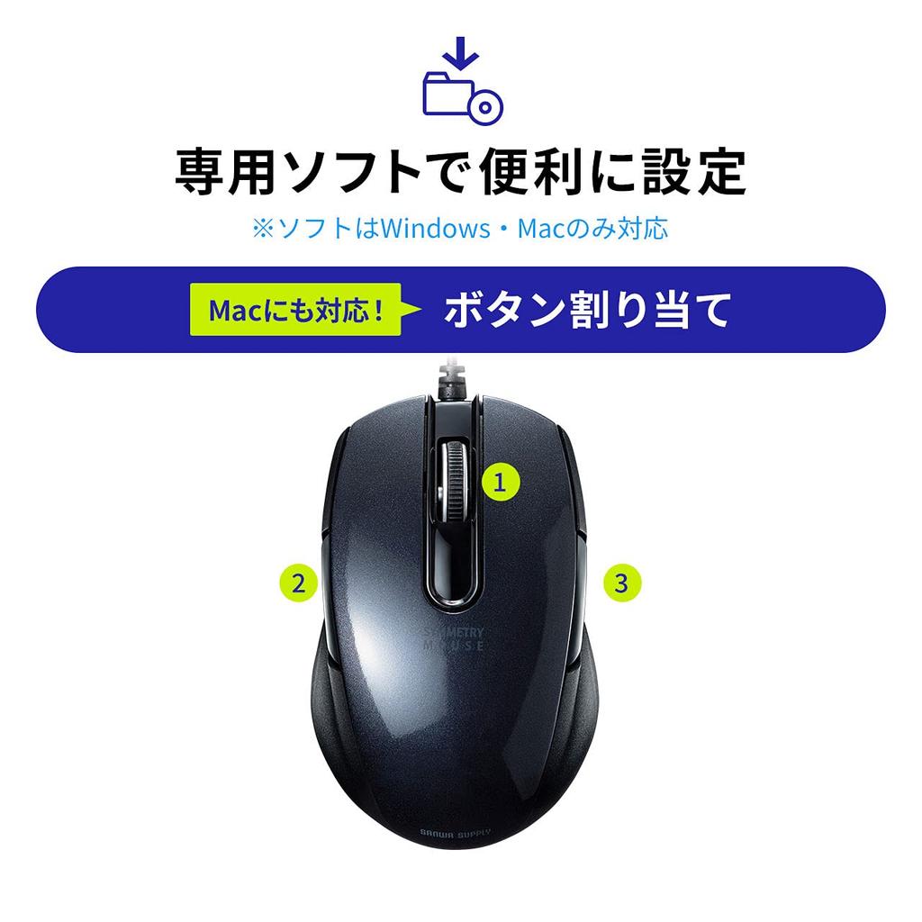 Sanwa Supply Wired 5 Ambidextrous 1600dpi Mouse, BlueLED, Buttons, Design, (2-speed switching), Compact, Black, MA-BL172BK
