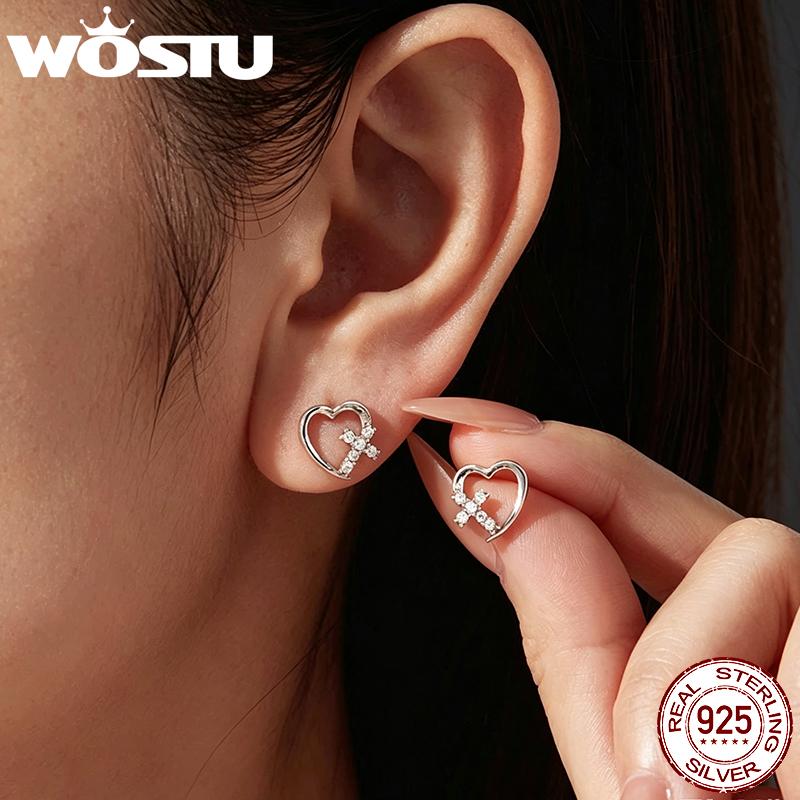 WOSTU 925 Sterling Silver 10MM Heart Cross Earrings Dainty AAA CZ Studs Minimalist Love Faith Jewelry for Women Girls BSE1310