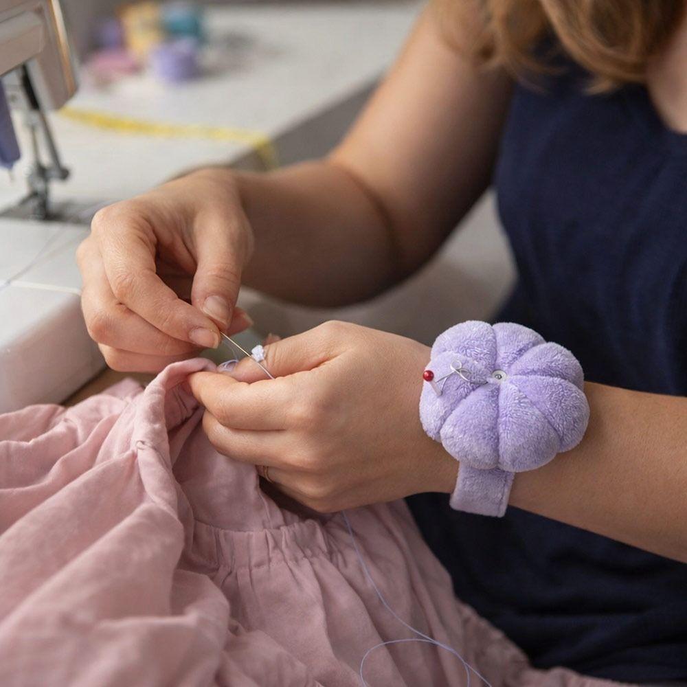 DIY Craft Violet Velvet Needle Holder Wooden Solid Color Pumpkin Shape Pincushion Holder Violet Velvet Cotton Fabric