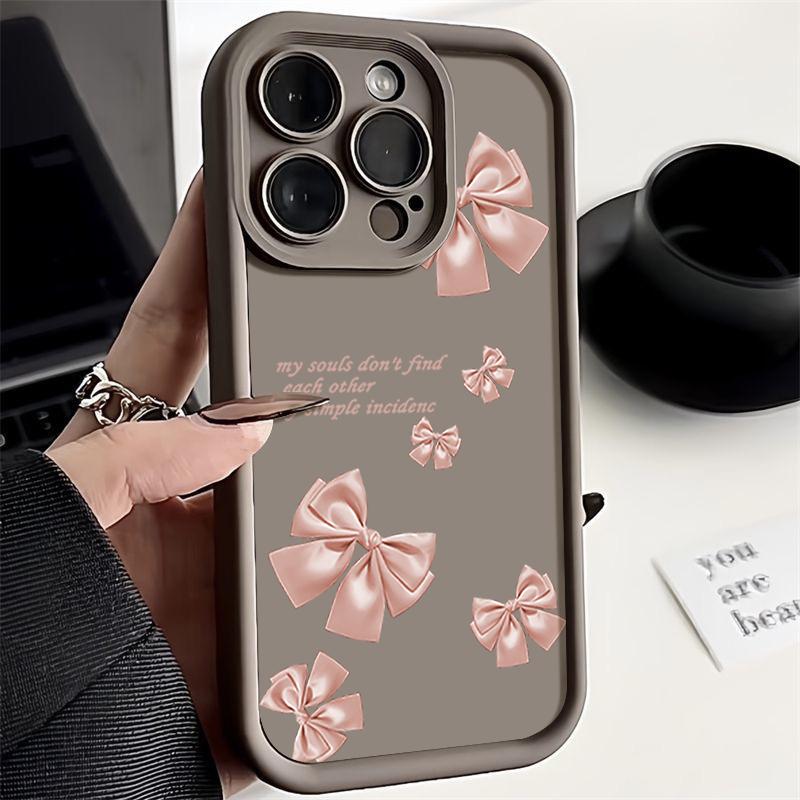 Pink Bowknot Pattern TPU Soft Matte Phone Case For iPhone 16 Pro Max 15 Pro 14 13 12 11 XR XS Shockproof Lens Protection Bumper Cover
