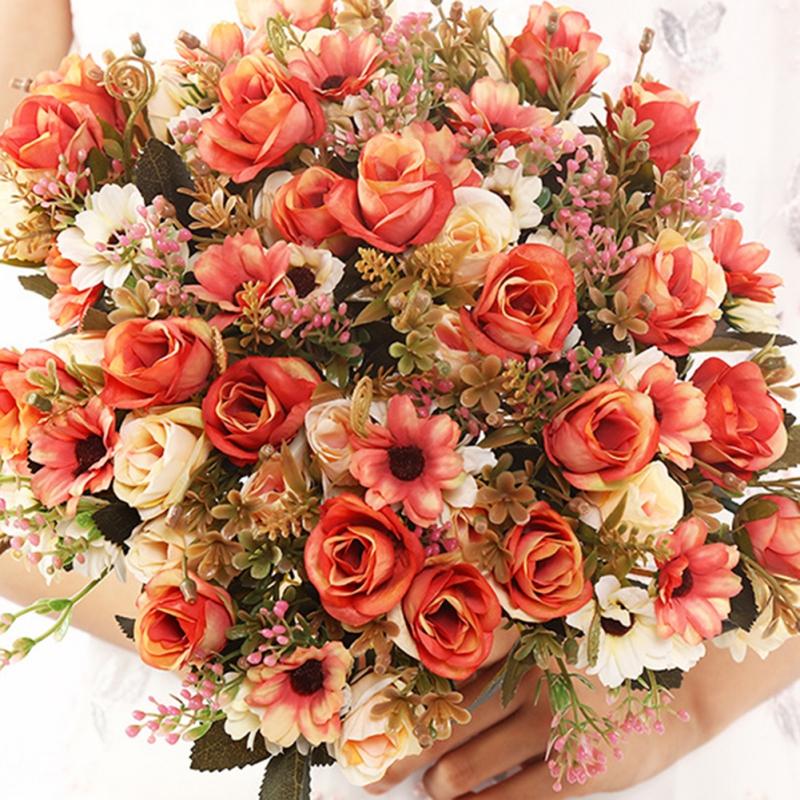 1 bunter Roser Kunstige blomster Daisy Silke Blomster Bukett for Hjem Innendørs Veranda Vindu Bryllupsbord Midtpunkter Vase Dekor