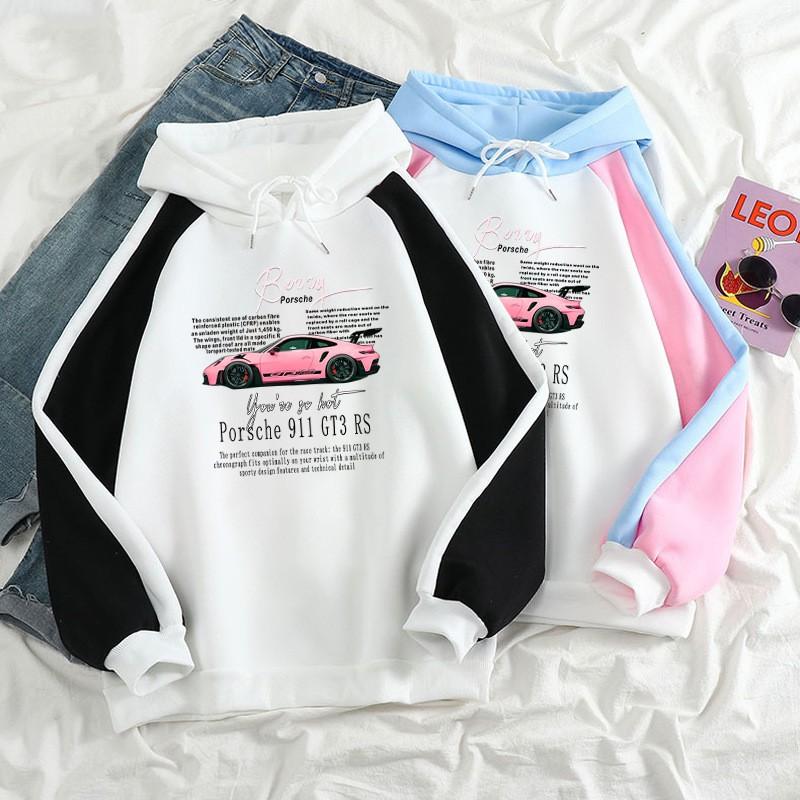 Mens Loose Fit Long Sleeve Hooded Sweatshirt Pink Sports Car Print Casual Top