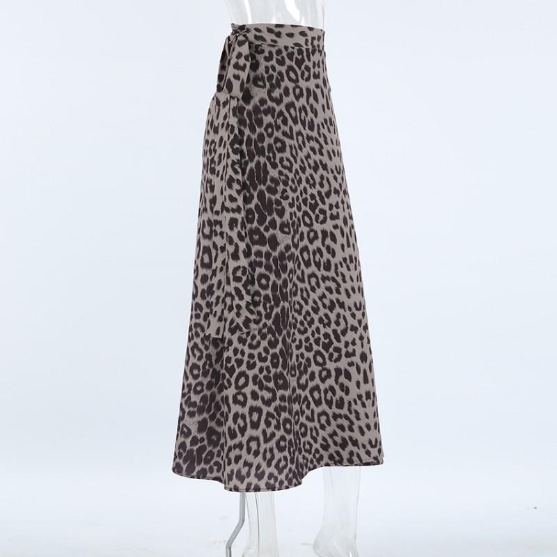 French Style Wrap Midi Skirt Leopard Print Straight Split Elegant Womens