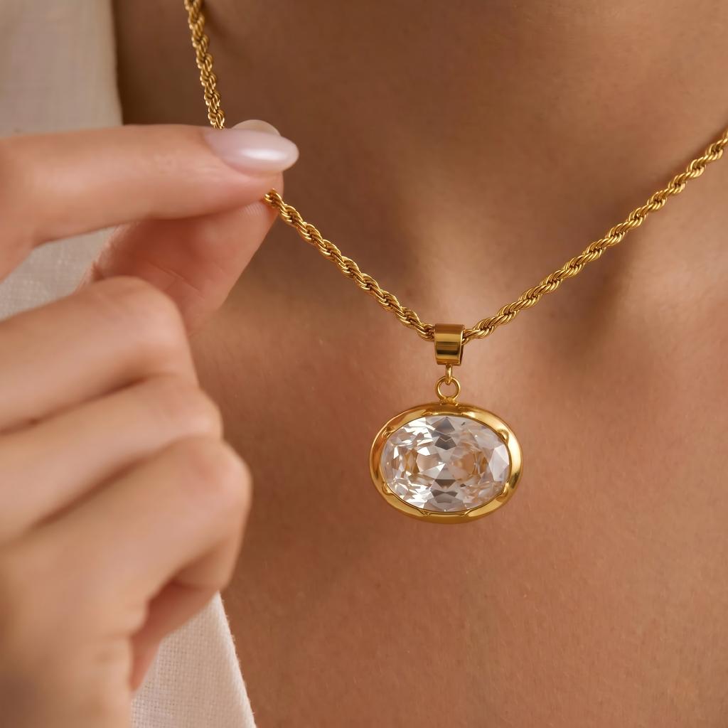 CE Certificate Stainless Steel PVD 18k Gold Plated AAA Oval Zircon Pendant Open Choker Cuff Torque Necklace East West Jewelry